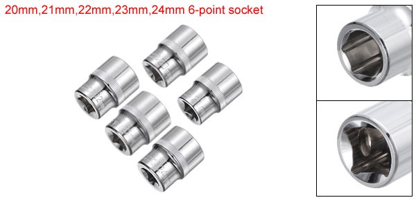 5pcs 6-Point Shallow Socket 1/2″ Drive 20mm 21mm 22mm 23mm 24mm Cr-V Metric