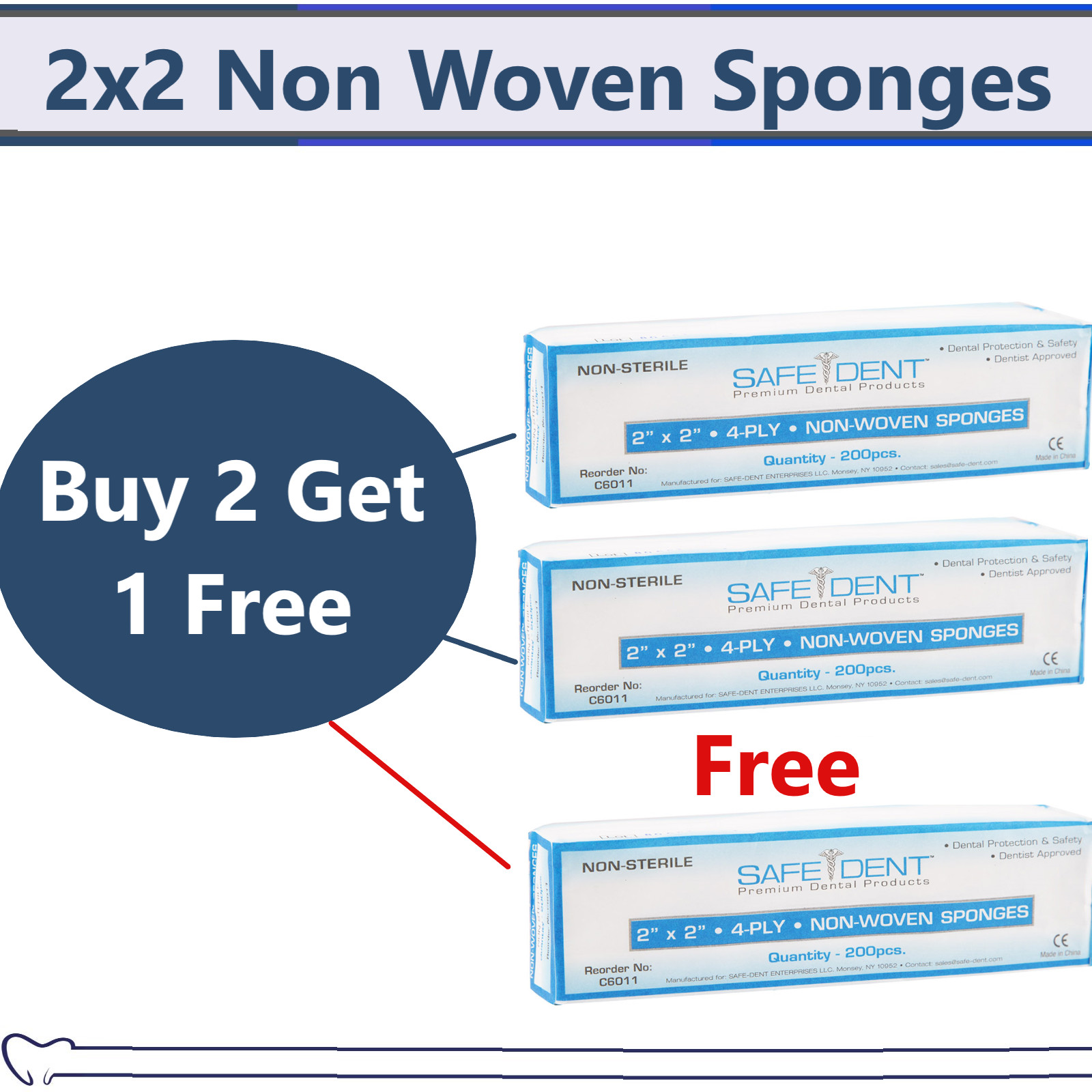 200 Non-Woven sponges, Gauze Pad 2 x 2, Non Sterile 4 ply, BUY 2 Get 1 Pack Free