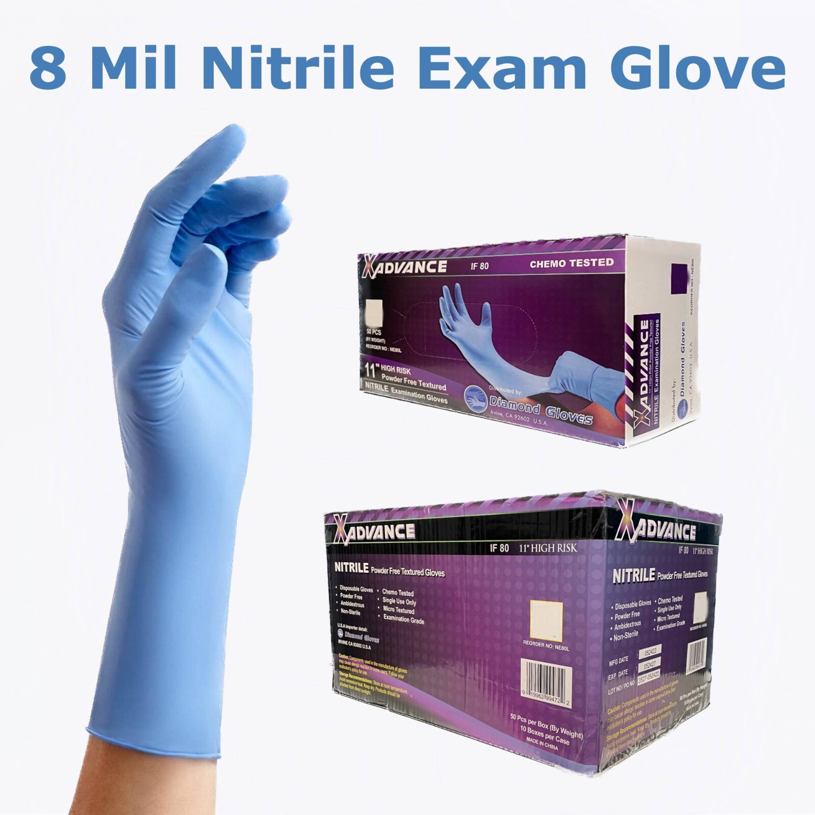 8 Mil Nitrile Exam Gloves Extended Cuff Powder & Latex FREE Heavy Duty 500 Pcs