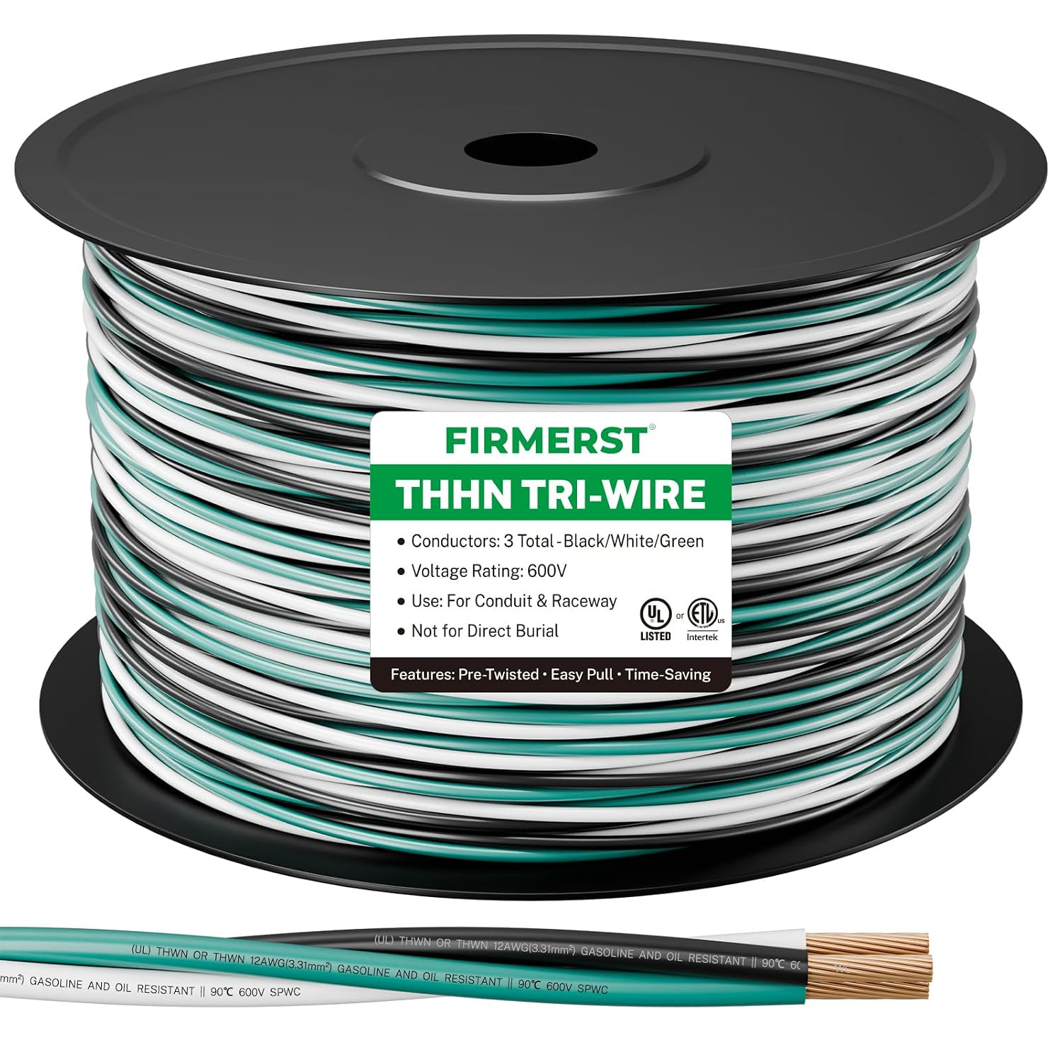 12 AWG THHN/THWN Copper Wire, 3-Color, Pre-Twisted, 25 FT | UL Listed Stranded C
