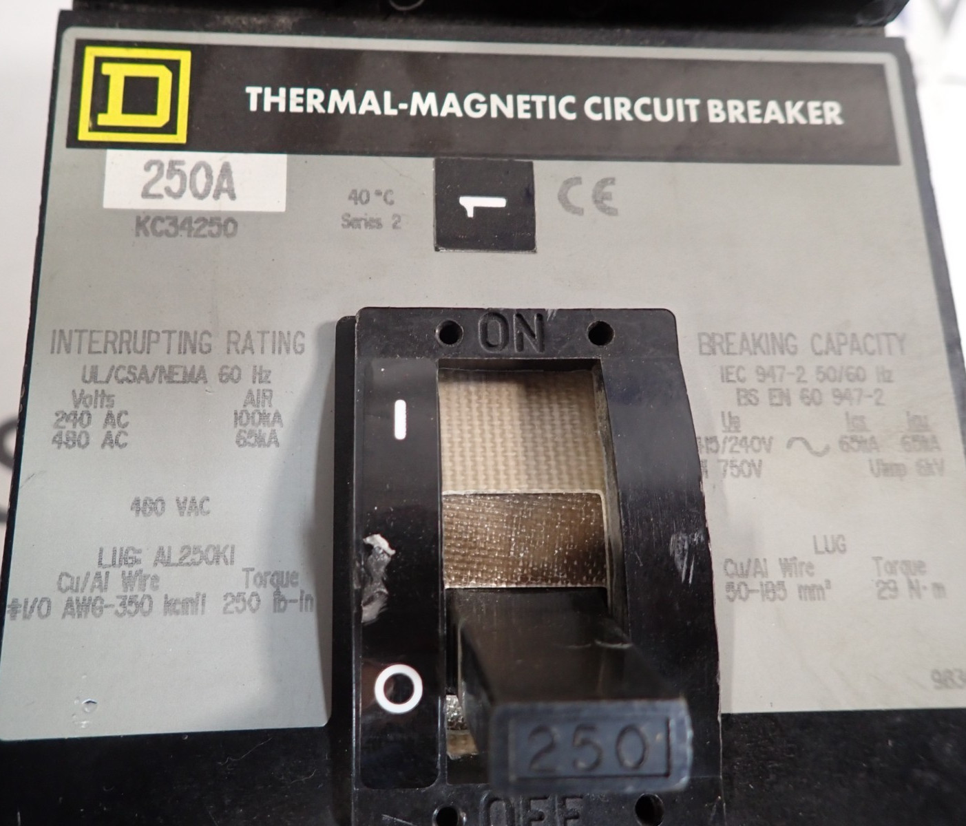 Square D KC34250 250 Amp 480 VAC 3 Pole 65k @ 480v I-Line Circuit Breaker TESTED