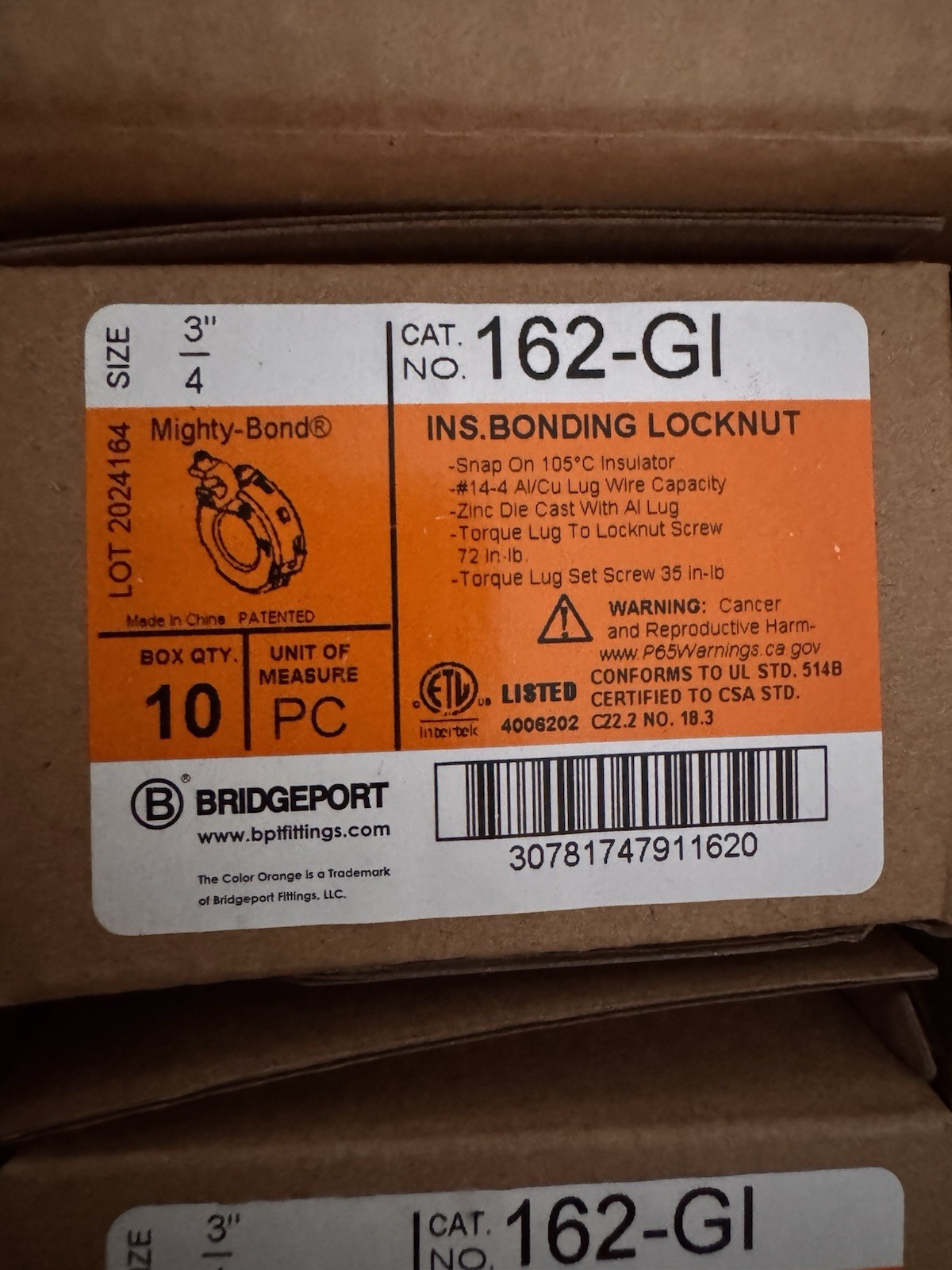 Bridgeport 162-GI 3/4 in Insulated Bonding Locknut Zinc IP54 Box of 50