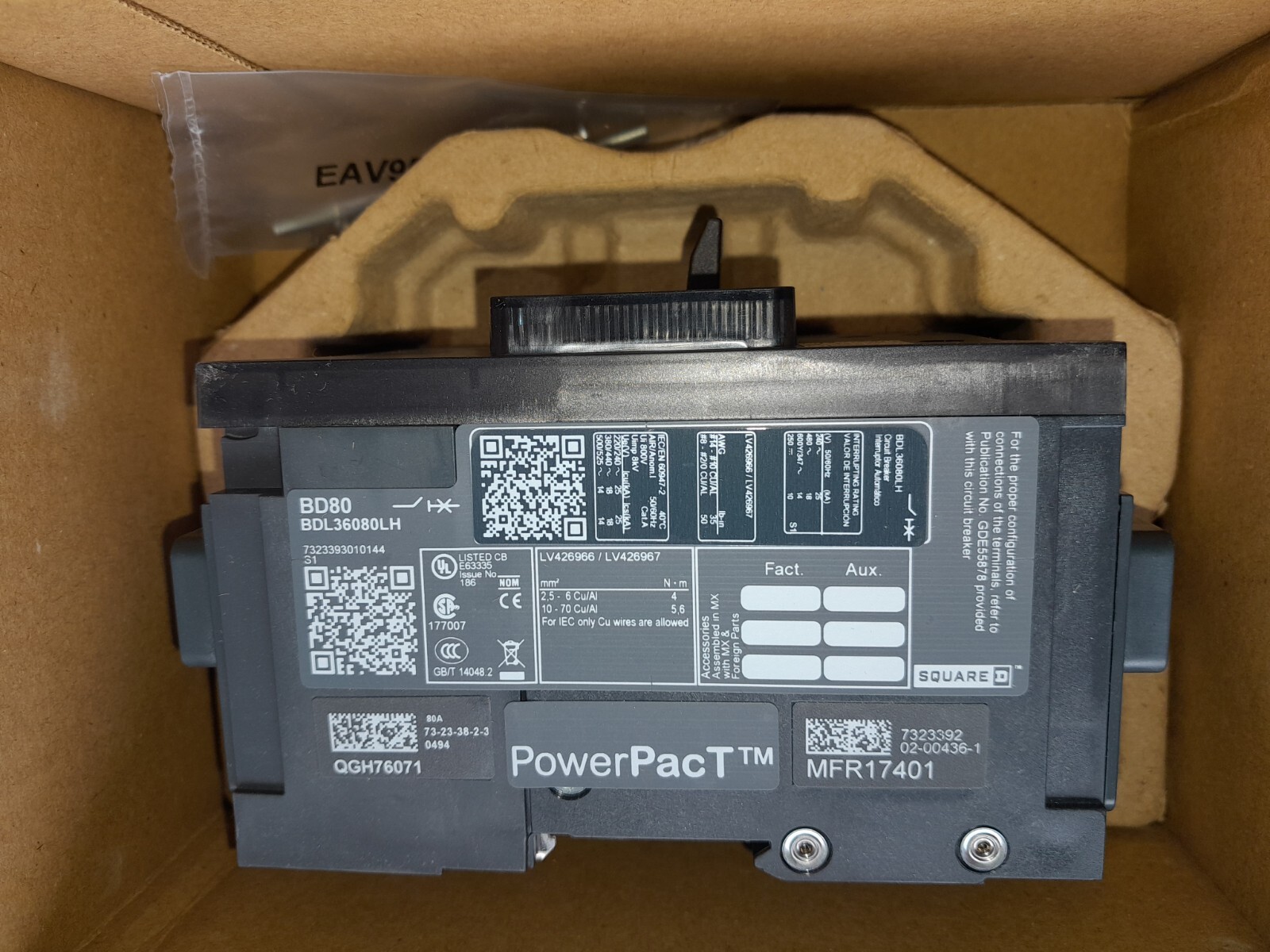 1 NEW SQUARE D 3 POLE 80AMP 480 V. FEEDTHROUGH LUGS CAT # BDL36080LH