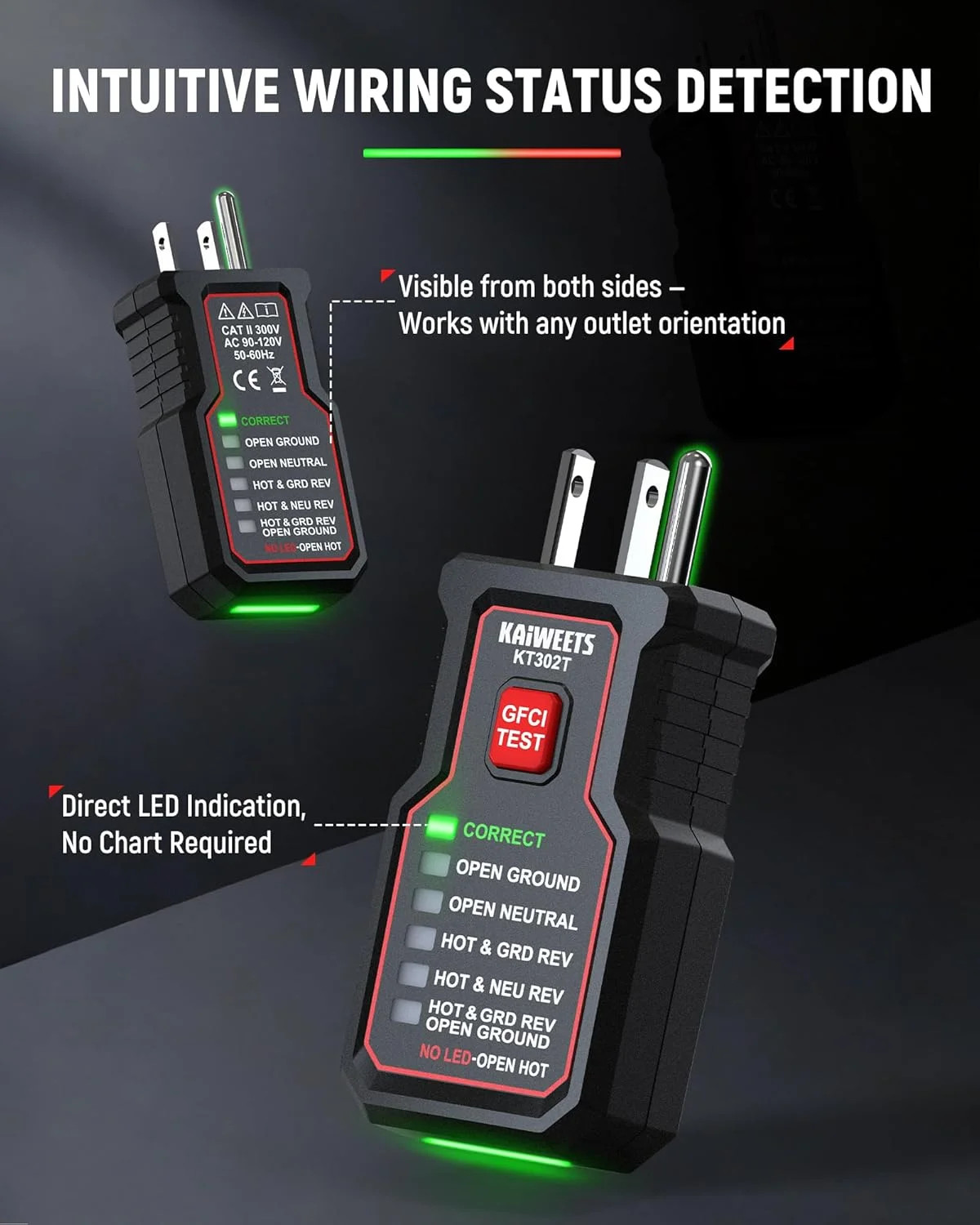 KAIWEETS KT302T Outlet Tester with GFCI Test, Dual-Sided LED Receptacle Tester D