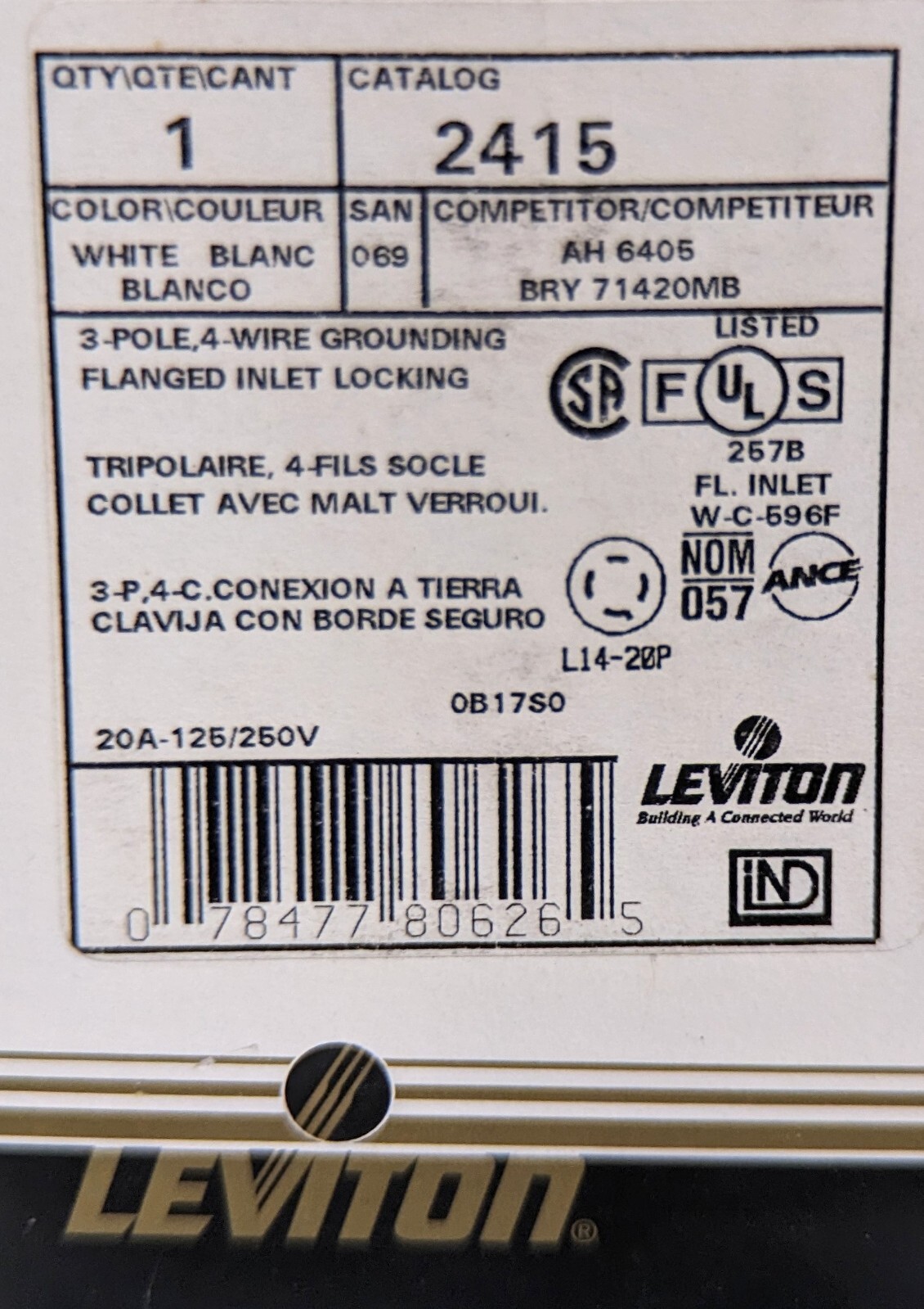 Leviton 2415 20A 125/250V NEMA L21-30P 3P 4 Wire Locking Flanged Inlet – NIB
