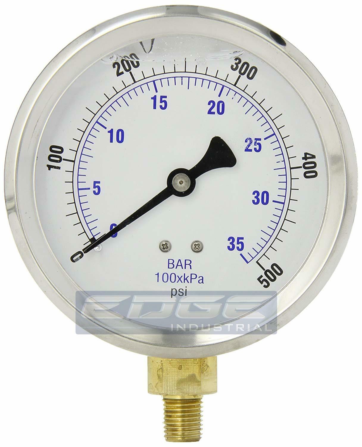 LIQUID FILLED PRESSURE GAUGE 0-500 PSI, 4″ FACE, 1/4″ LOWER MOUNT