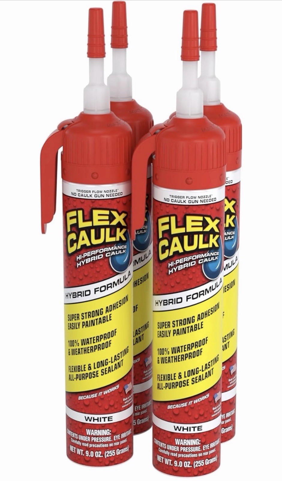Flex Caulk Hybrid Polymer Sealant White 9 oz, Waterproof – Pack of 4