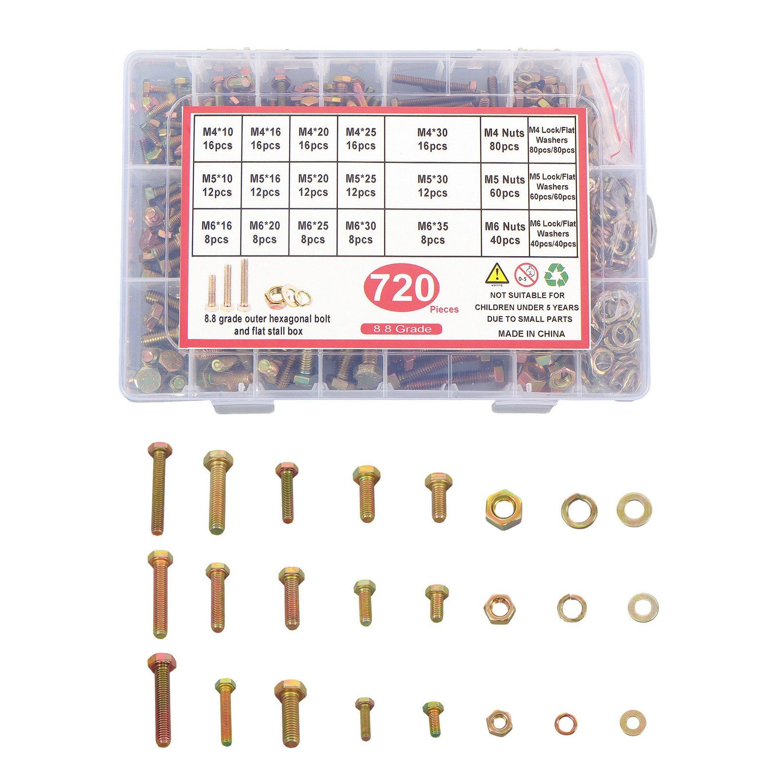 720PCS M4 M5 M6 BOLTS AND NUTS ASSORTMENT KIT GRADE 8.8 ALLOY STEEL HEX 15 SIZES