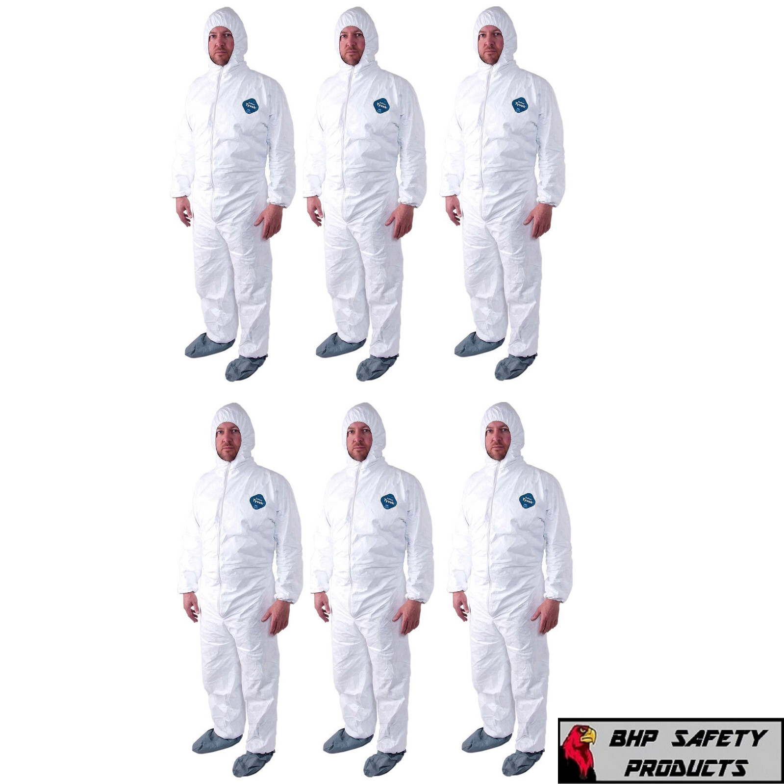 DUPONT TY122S WHITE TYVEK COVERALL BUNNY SUIT ATTACHED HOOD & BOOTS (PACK OF 6)