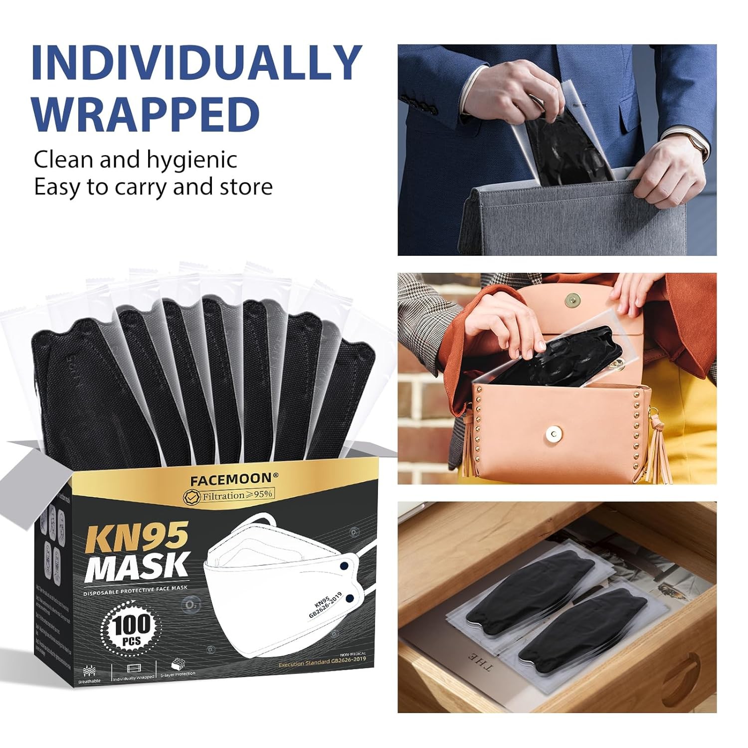 KN95 Face Mask Disposable Adults – 100 Pack 5 1 Count (Pack of 100), Black
