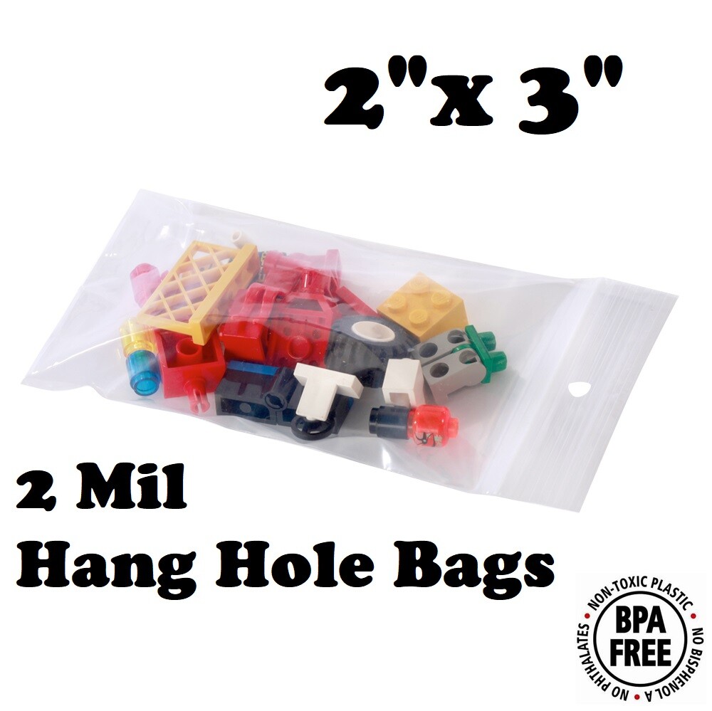 2″ x 3″ Zip Seal Reclosable 2Mil Plastic Top Lock Bags Hang Hole Jewelry 2 Mil