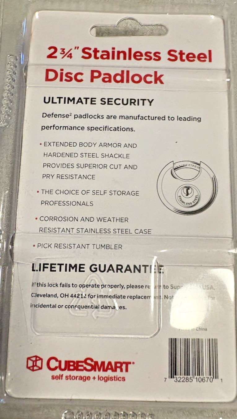 NEW CUBESMART CS-670 2-3/4″ STAINLESS STEEL DISC PADLOCK