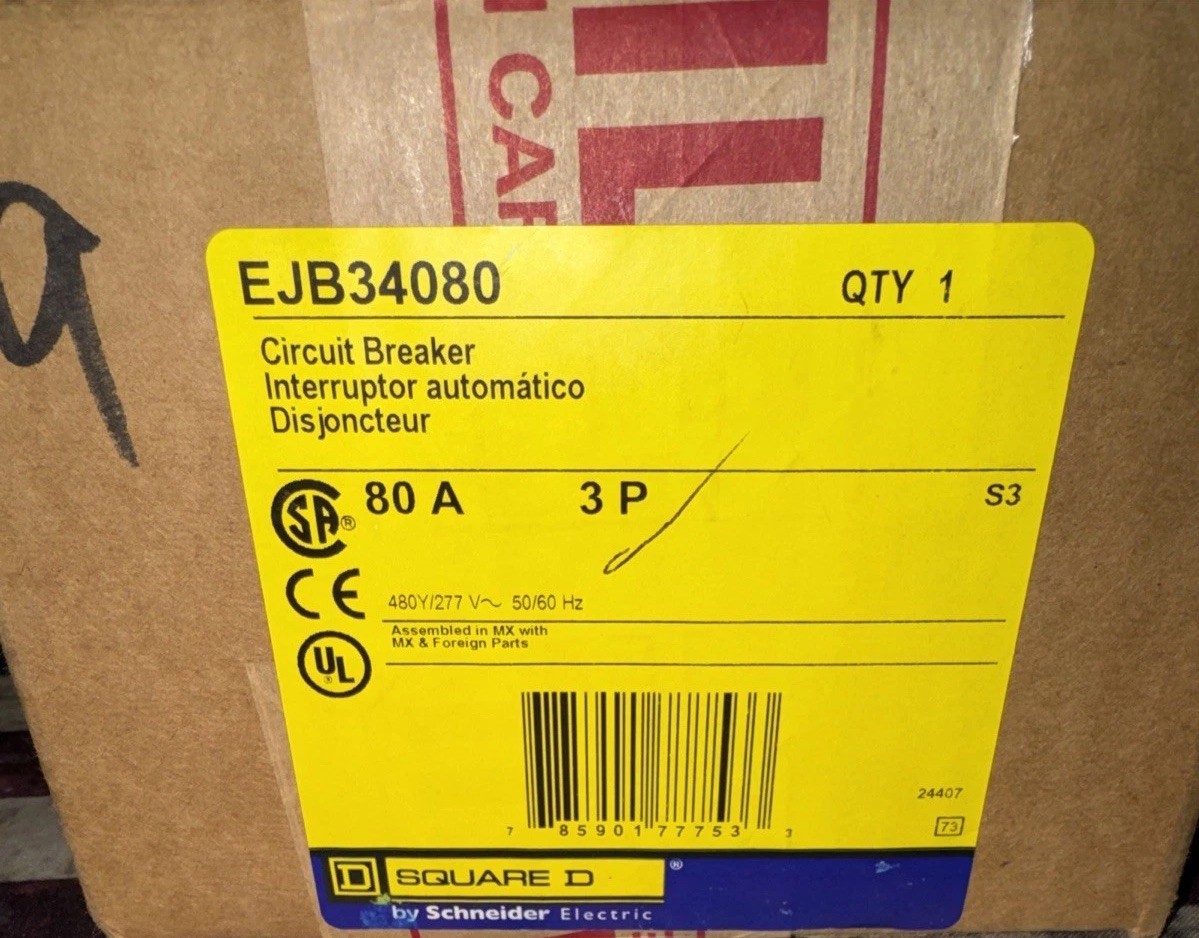 Square D EJB34080 EJB 3P 80A 480V Bolt-On Circuit Breaker New In Box NIB