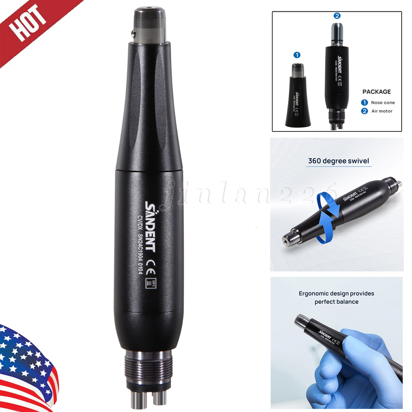 Dental Hygiene Prophy Handpiece Mini 4:1 Straight Nose Cone HP Air Motor 4Hole