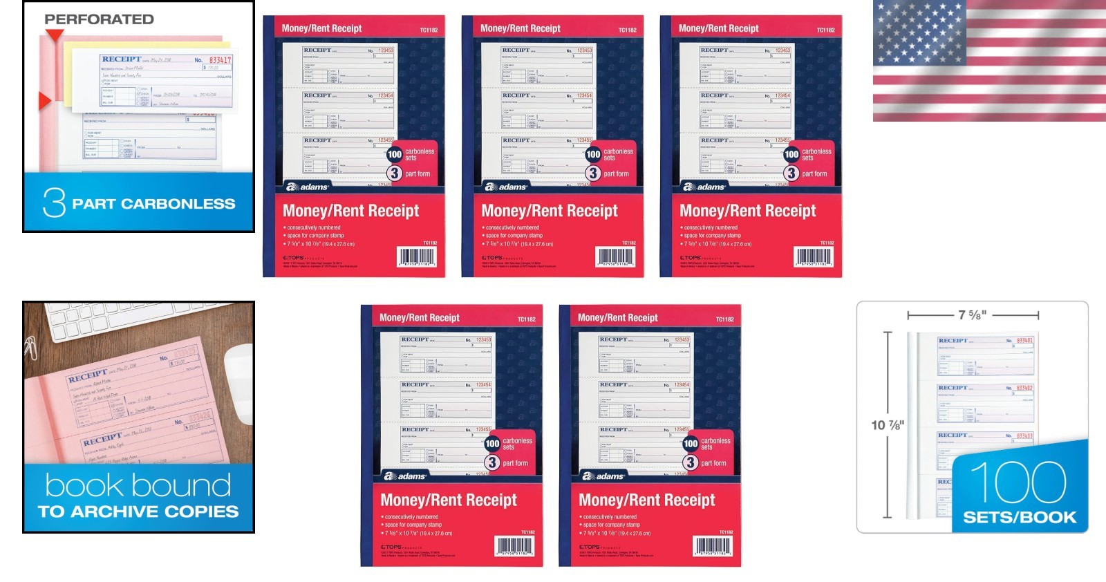 5-Pack of Convenient Carbonless Rental Receipt Books – 100 Receipts Each