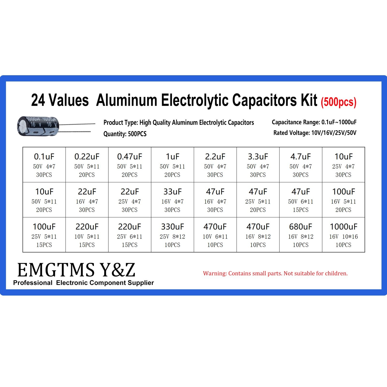 Electrolytic Capacitor Assortment Kit 500pcs 24 Values 0.1uF-1000uF 10V-50V