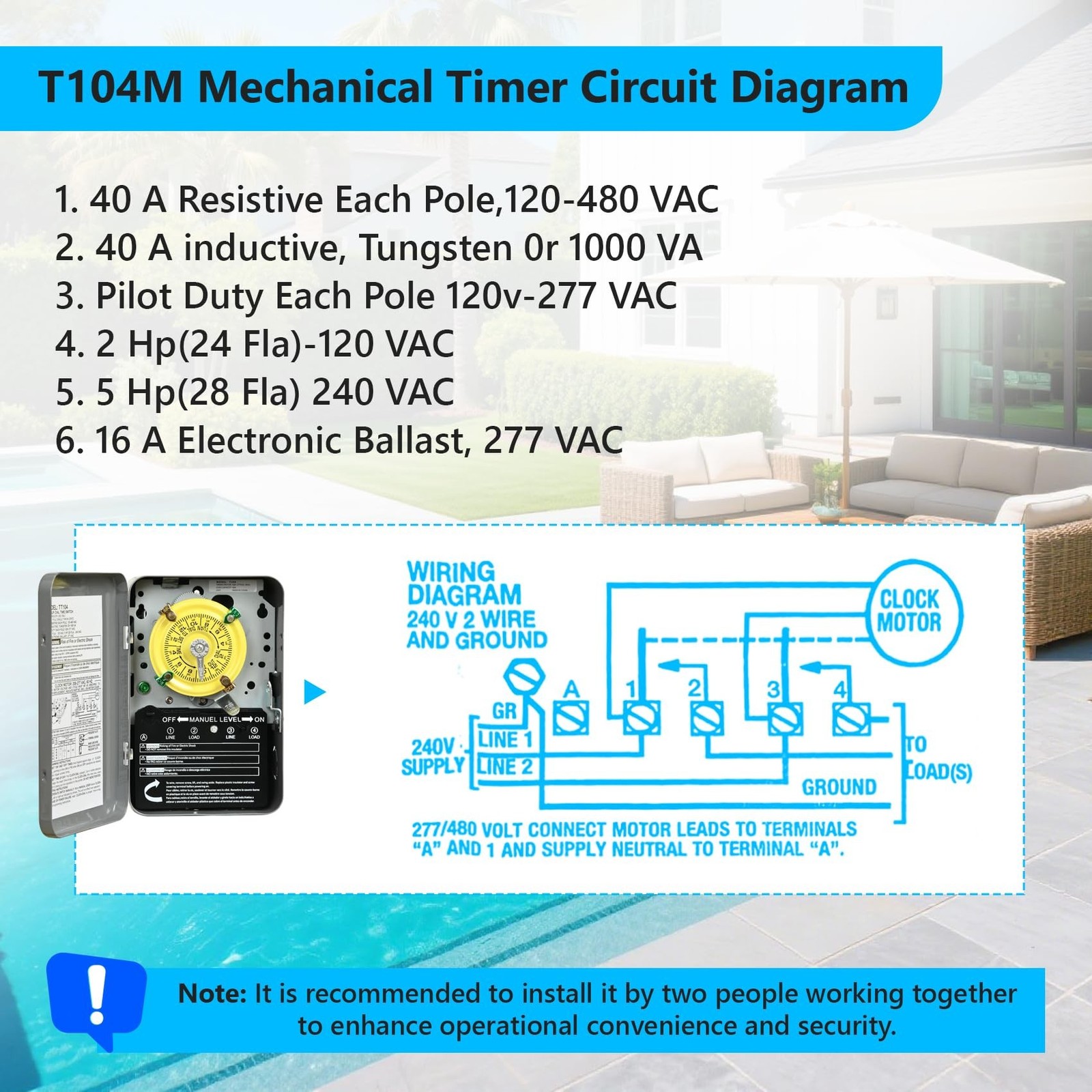 T104 Mechanical Timer Switch,208-277V AC DPST 40A,Pool Pump Switch,Heavy Duty…