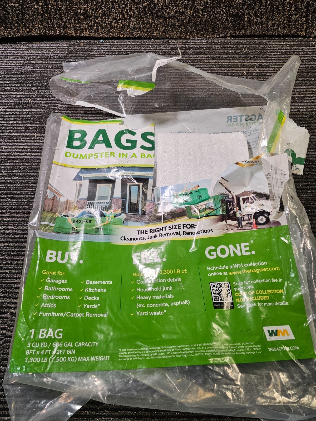 Bagster 3CUYD Trash Container Bag With a Capacity Of Up to 3,300 Pounds, Green