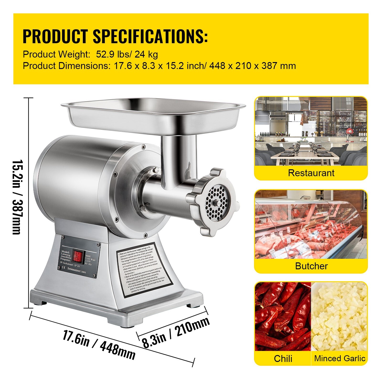 550lbs/H Electric Meat Grinder Mincer 1.5HP Commercial Sausage Stuffer Filler