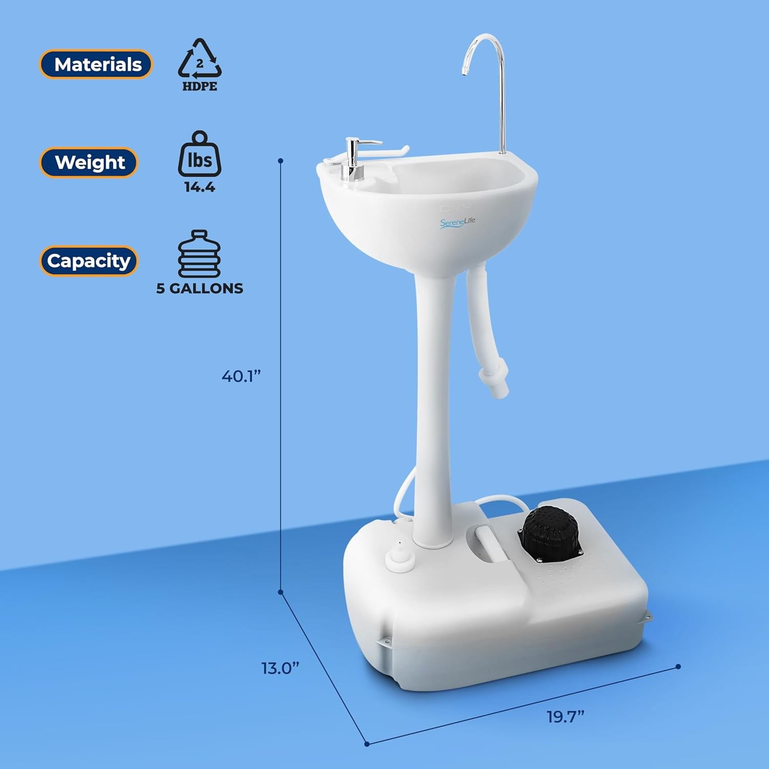 SereneLife Portable Camping Sink with 19L (5+ Gallon) Water Tank, 19L, White