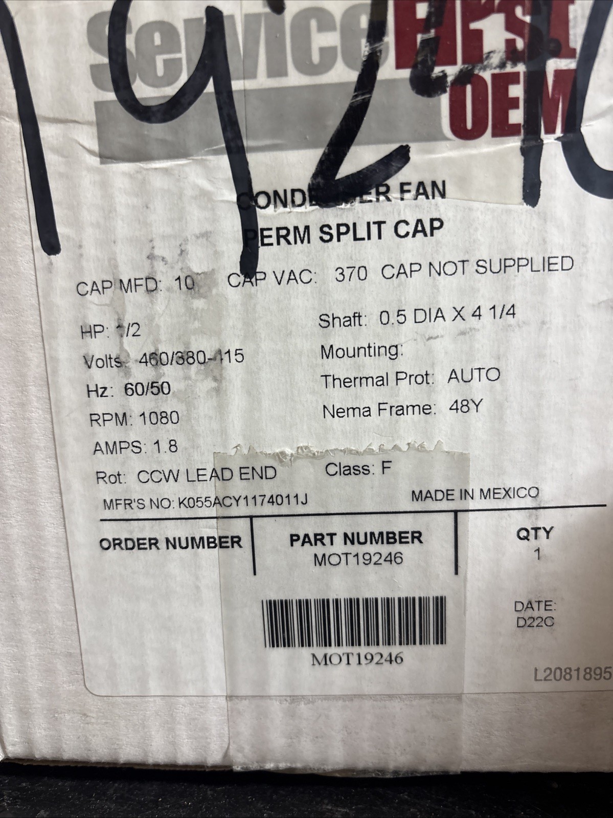 Condenser Fan Perm Slip Cap Mo Motor 1/2 HP 1080 RPS 460/380-116 115V