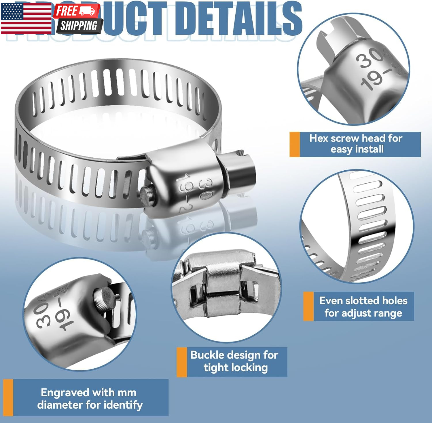 45PCS Hose Clamp Assortment Kit – Stainless Steel Hose Clamps with Worm Gear, Ad
