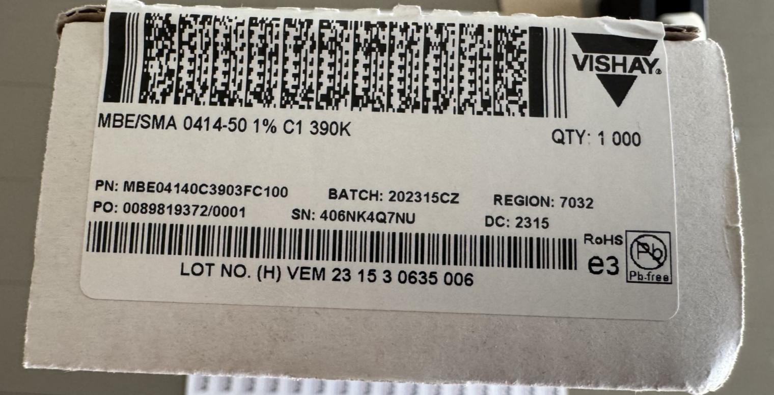 1000 PCS MBE04140C3903FC100 Vishay Metal Film Resistor 390 kΩ 1W ±1% TCR ±50ppm