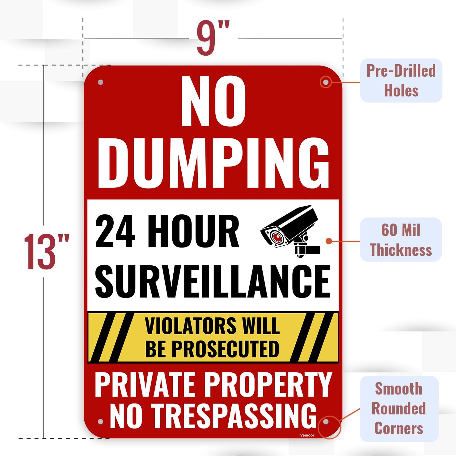 1PC No Dumping Sign Private Property Sign, 13 x 9 inches, White, Red, Black