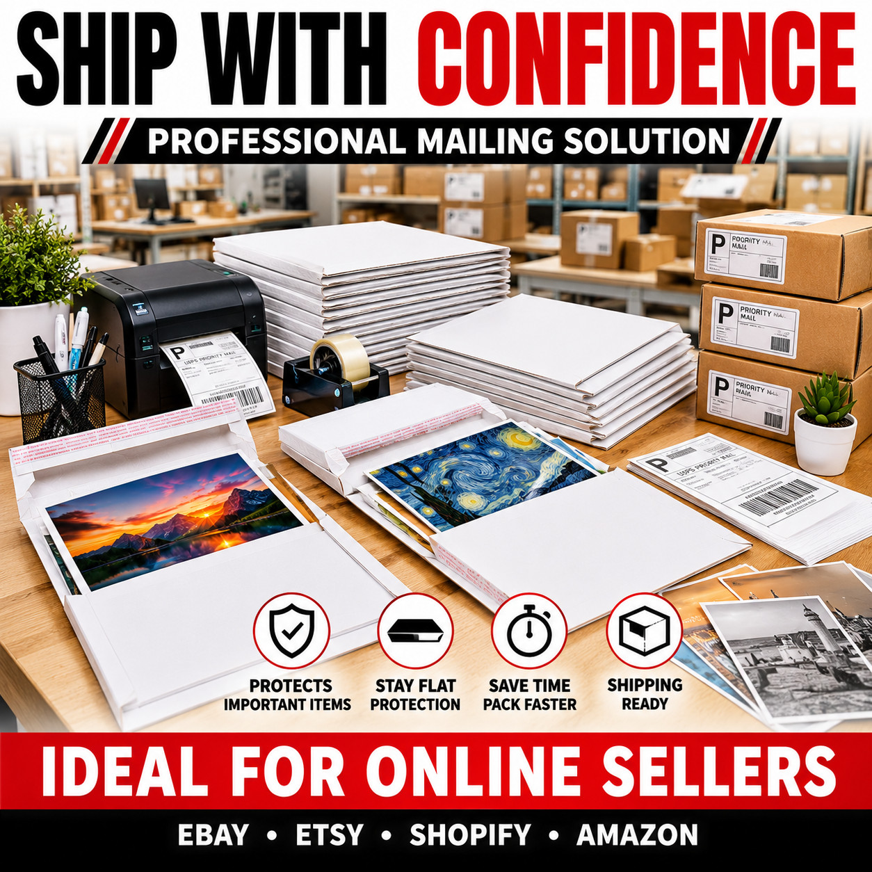 7×9 Rigid Photo Mailers Stay Flat Cardboard Envelopes Self Seal 400 GSM White