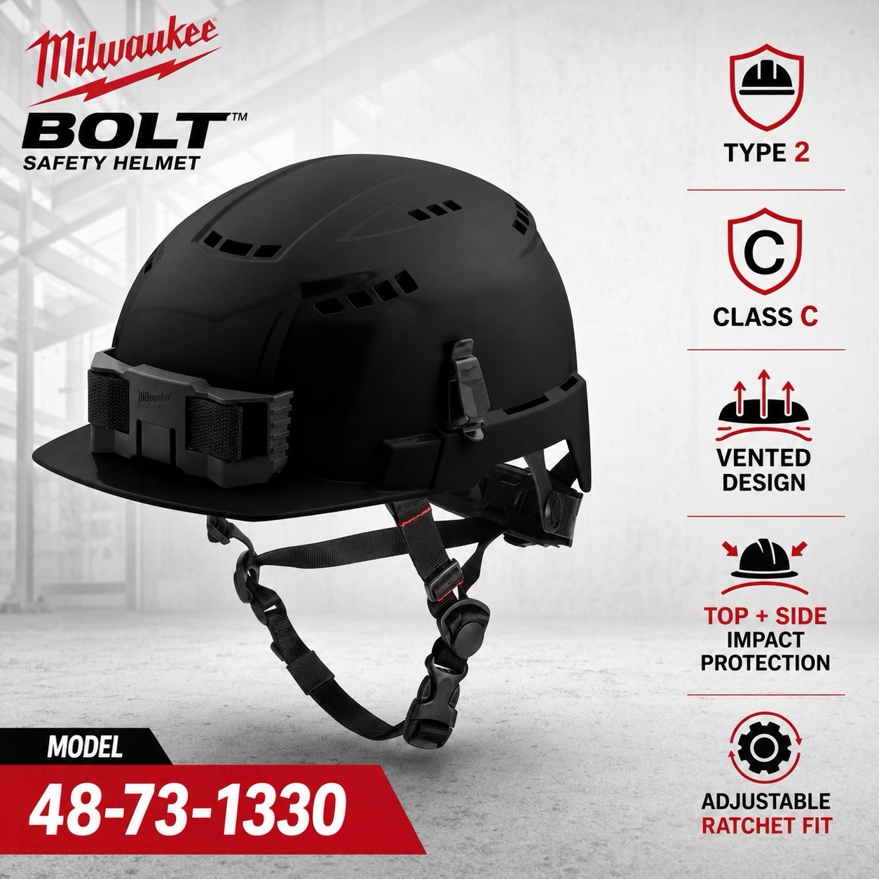 Milwaukee BOLT 48-73-1330 Type 2 Class C Vented Safety Helmet Black