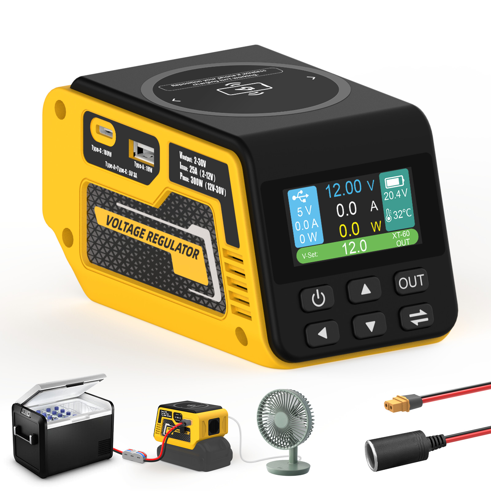 300W Voltage Regulator Compatible with Dewalt 20V Battery, DC 2-30V,Type-c,USB