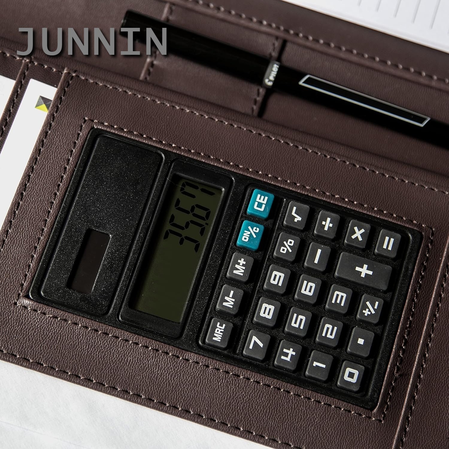Brown PU Leather Business Portfolio Zipper Padfolio Tablet Sleeve Solar Calculat