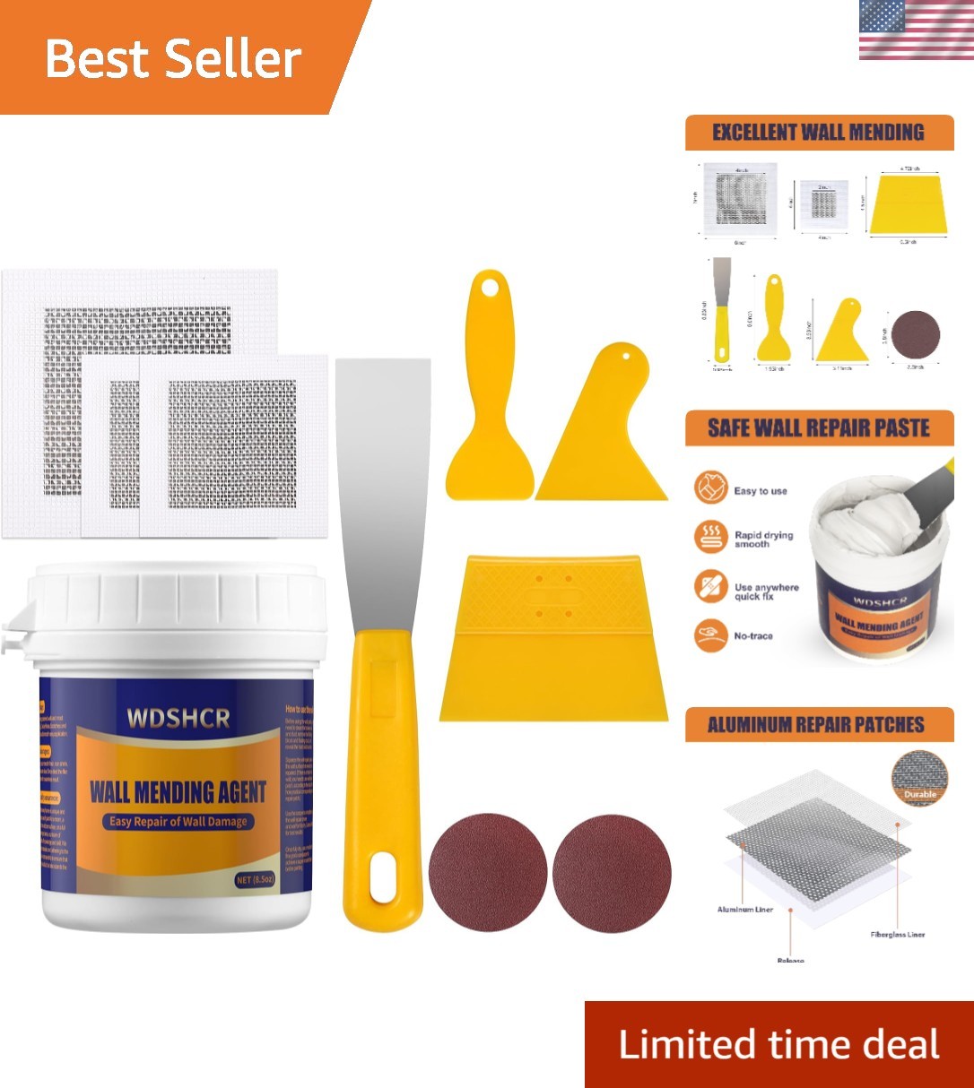 Complete Wall Surface Repair Kit: Fast-Drying White Putty & Adhesive Patches