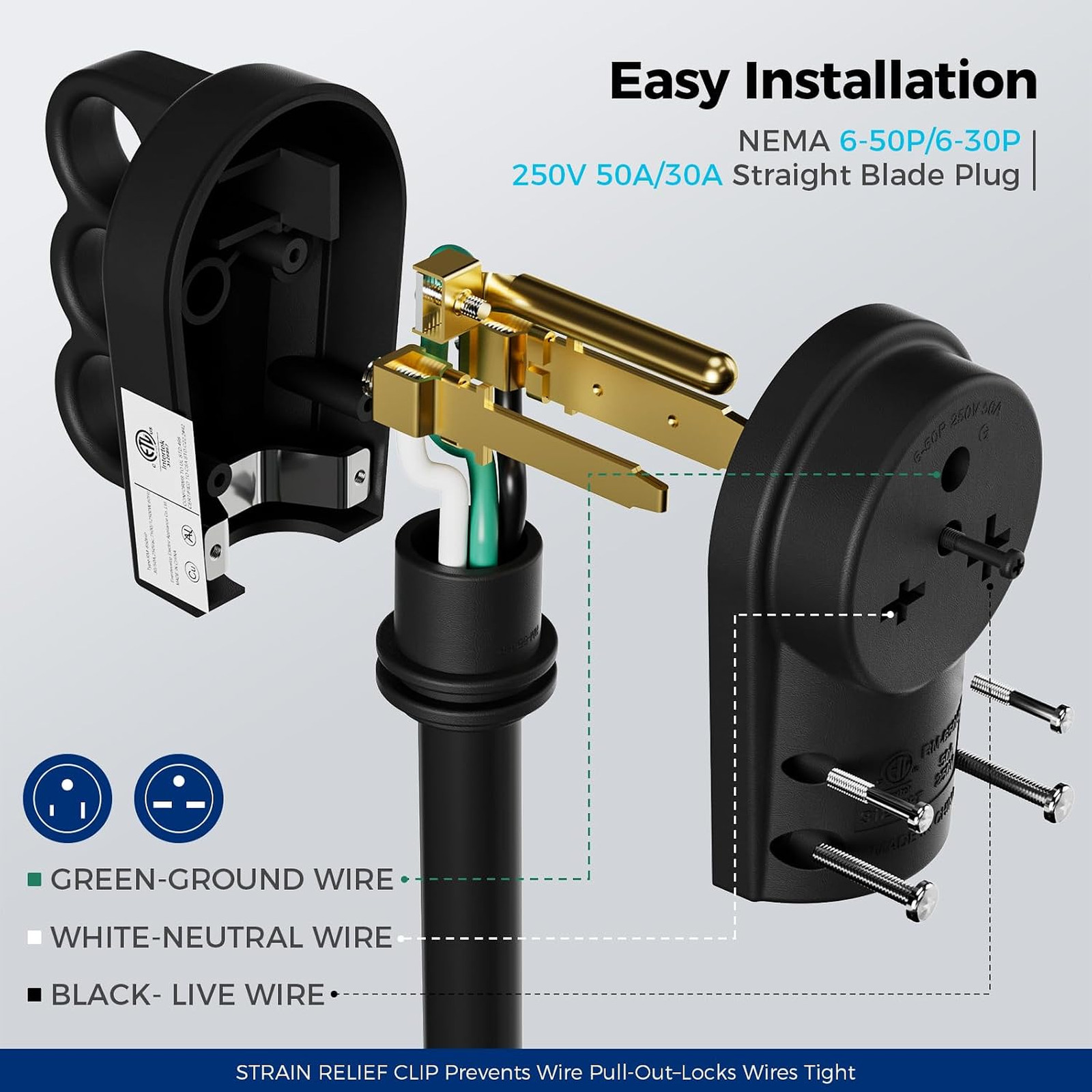 1 Set ETL Listed NEMA 6-30P/6-50P Male Plug and NEMA 6-50R Female Receptacle