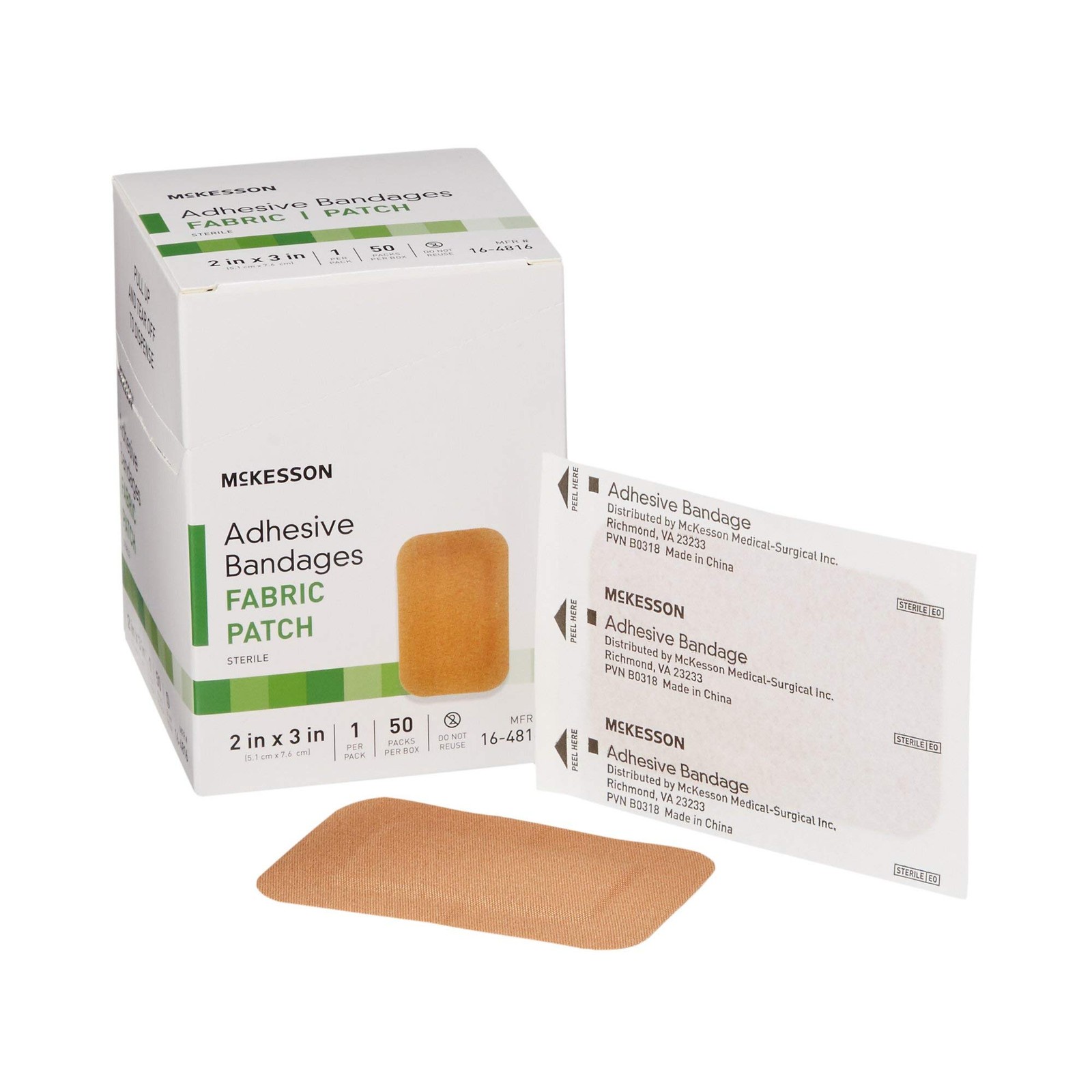 McKesson Adhesive Bandages, Sterile, Fabric Patch, 2 X 3 Inch (50 Count), Tan