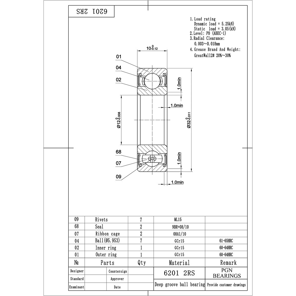 (2) 6201-2RS Premium Rubber Seal Ball Bearing C3 EMQ, 12x32x10, 6201 2RS 6201rs