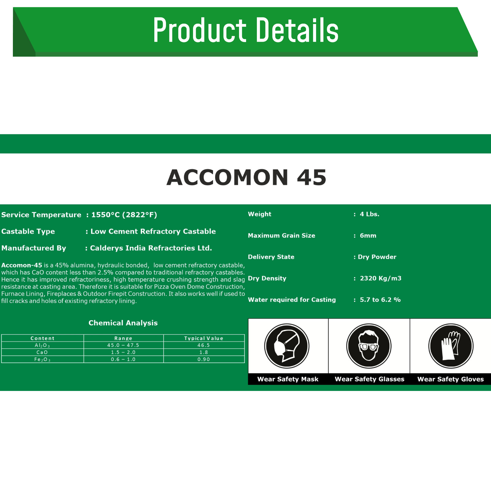 Castable Refractory Cement, 45% Alumina Low Cement Castable, Accomon-45 , 4 LBS