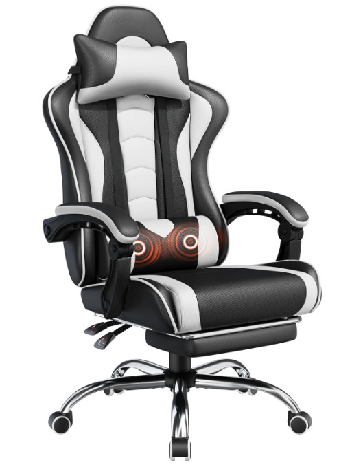 Silla gamer ergonómica con masaje lumbar, reposapiés y altura ajustable, Nuevo
