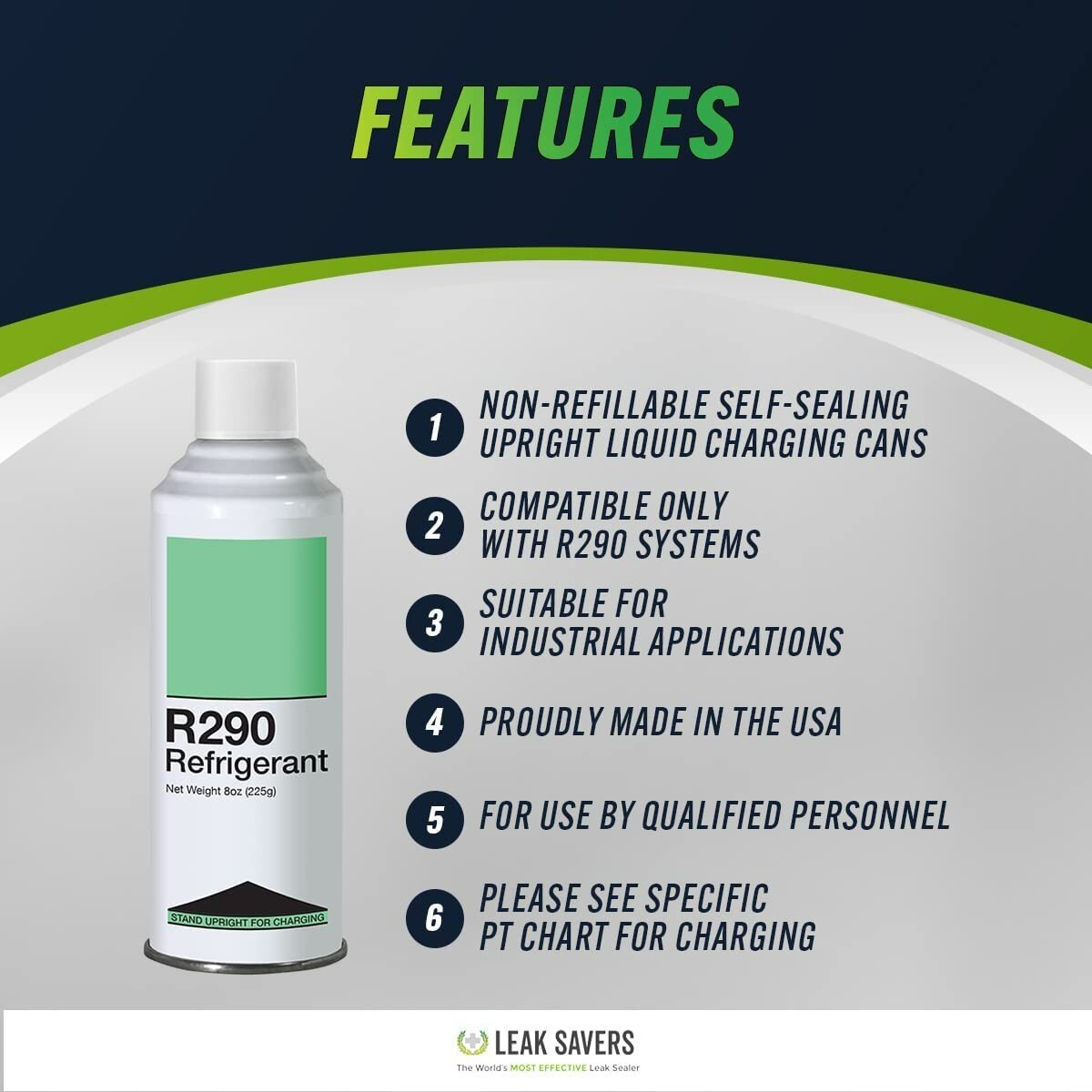 Leak Saver Refrigerant R290 – Upright Liquid Charging Self-Sealing Can – 3 Pack