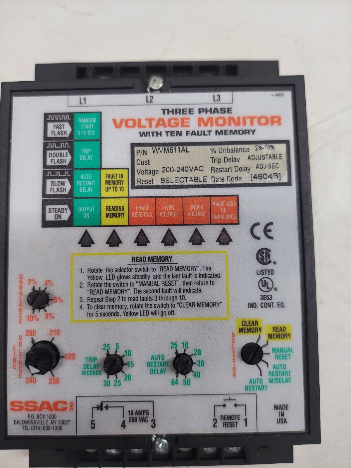 WVM611AL SSAC ENTRELEC Voltage Monitor 200-240VAC Trip Delay 0.25-30 SEC. New