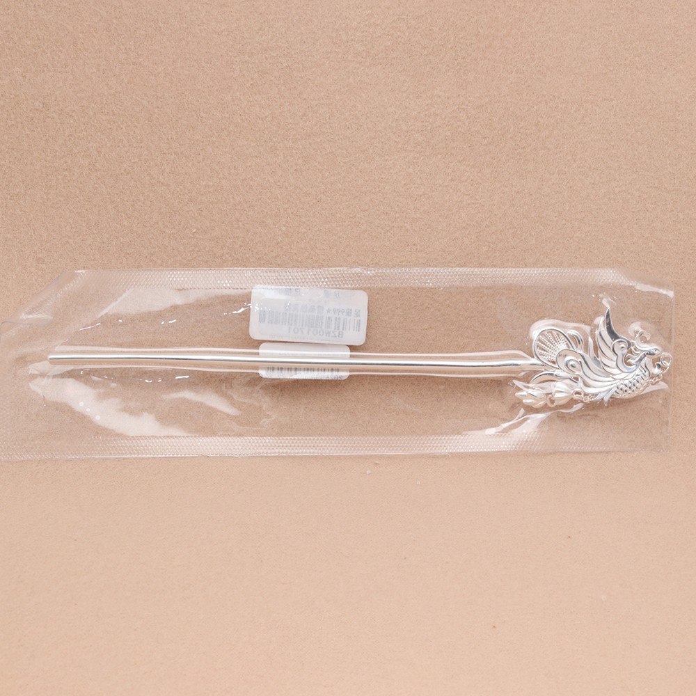 Pure S999 Fine Silver Carved Phoenix Chinese Oriental Hairpin 22.5-23g 6.4inch