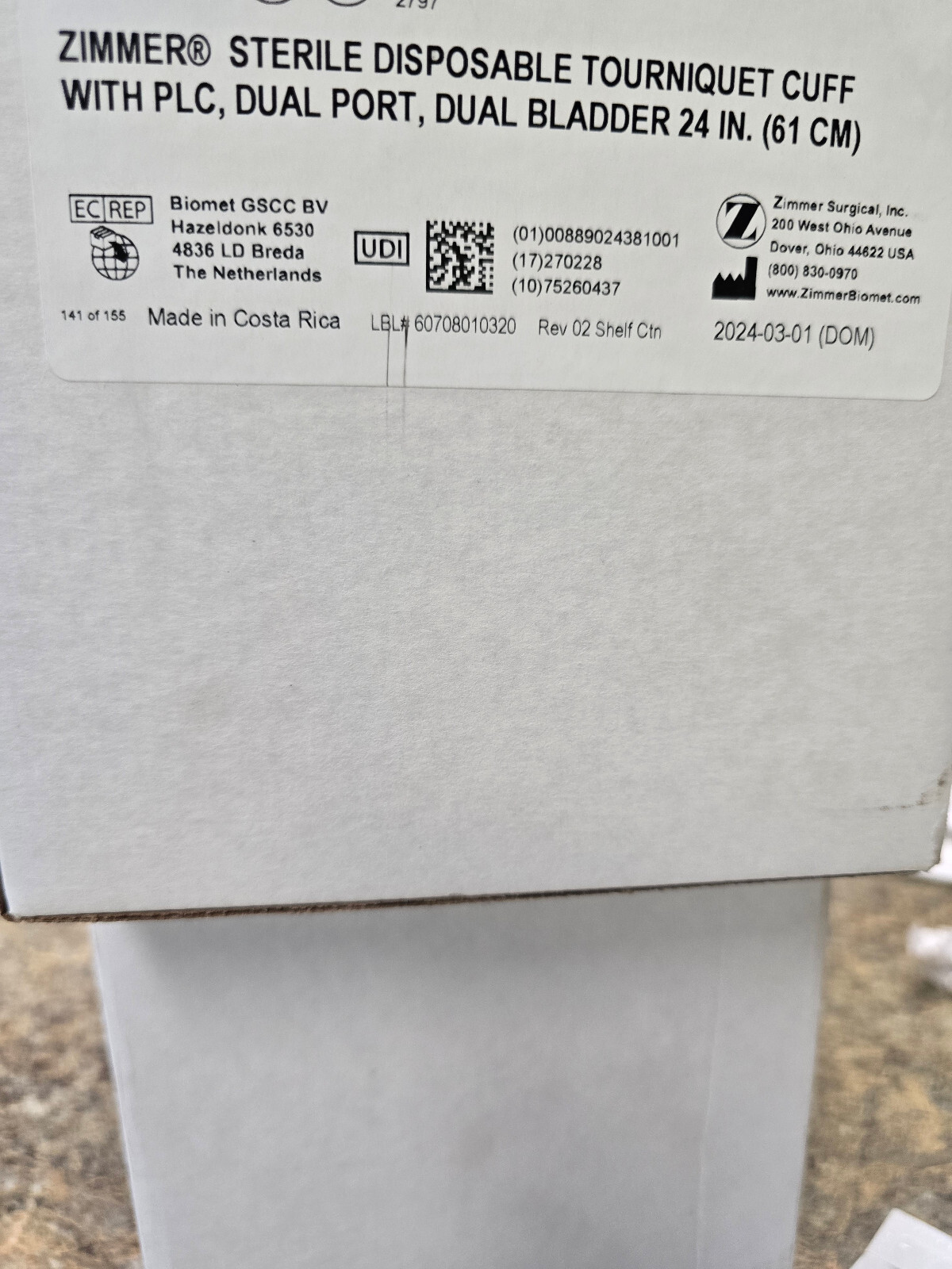 Zimmer 60708010300 Sterile Cuff New/Sealed 09/2028