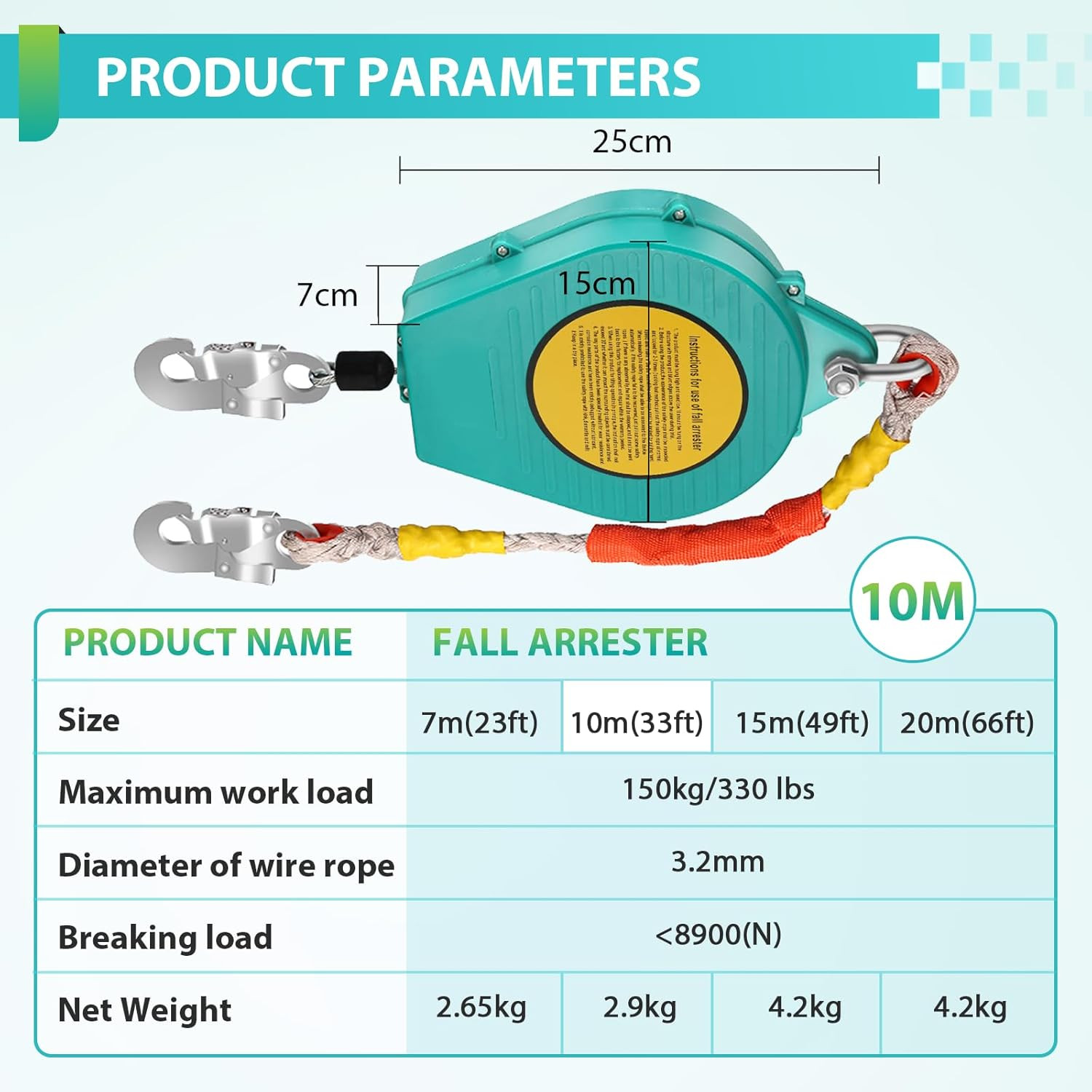 33ft/10m Self Retracting Lifeline, Heavy Duty 330lbs Retractable Safety Lanyard