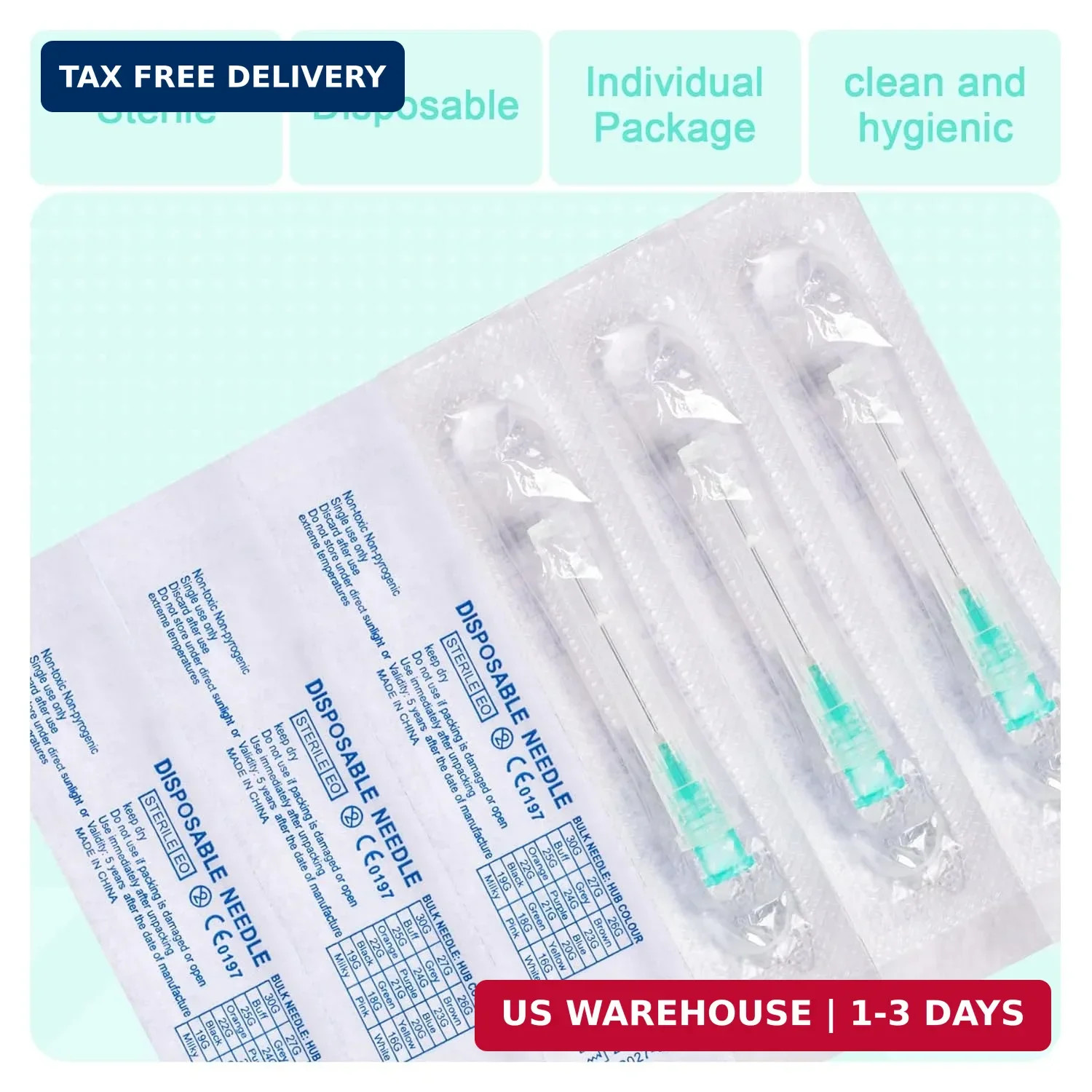 21 Gauge 1 Inch Needles with Caps, Individually Wrapped, Disposable Dispensing L