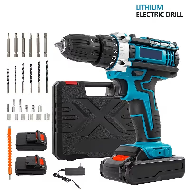 Rechargeable Electric Drill, Equipped with Drill, LED Lighting, Portable Multi
