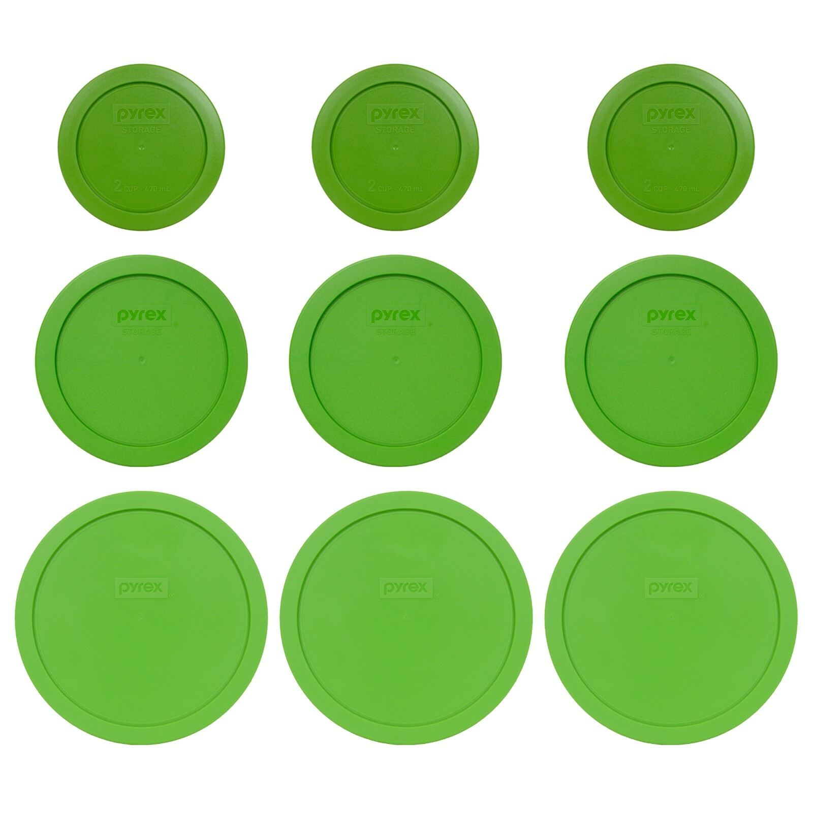 Pyrex (3) 7200-PC, (3) 7201-PC, (3) 7402-PC Lawn Green Plastic Food Storage Lids
