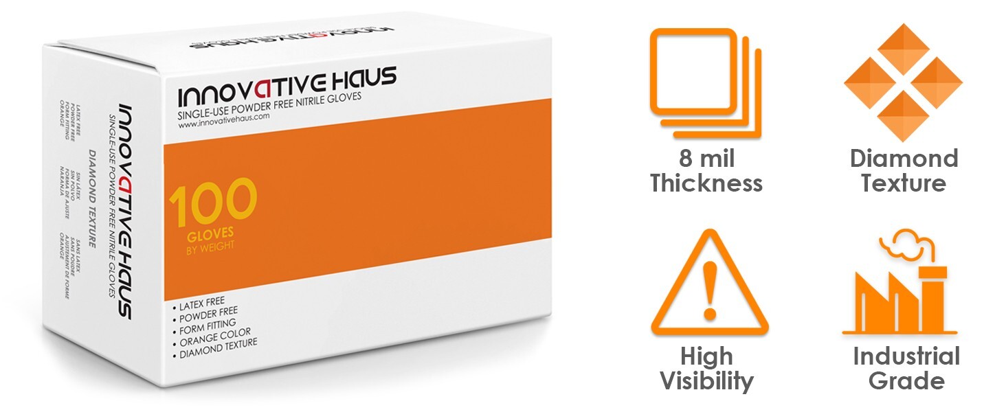 8 Mil Orange Disposable Nitrile Gloves. Raised Diamond Texture – Large- 10 Boxes