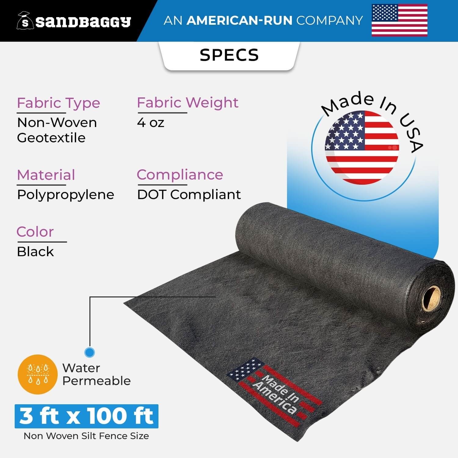 BULK 3′ x 100′ Non-Woven Geotextile Silt Fence Roll–4 oz Erosion Control Barrier