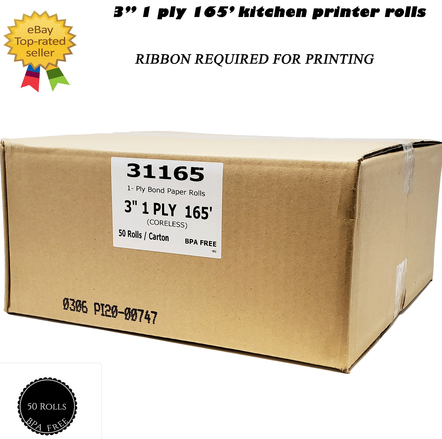 3″ 1 PLY x 165′ KITCHEN PRINTER BOND PAPER 50 ROLLS CORELESS STAR SP700