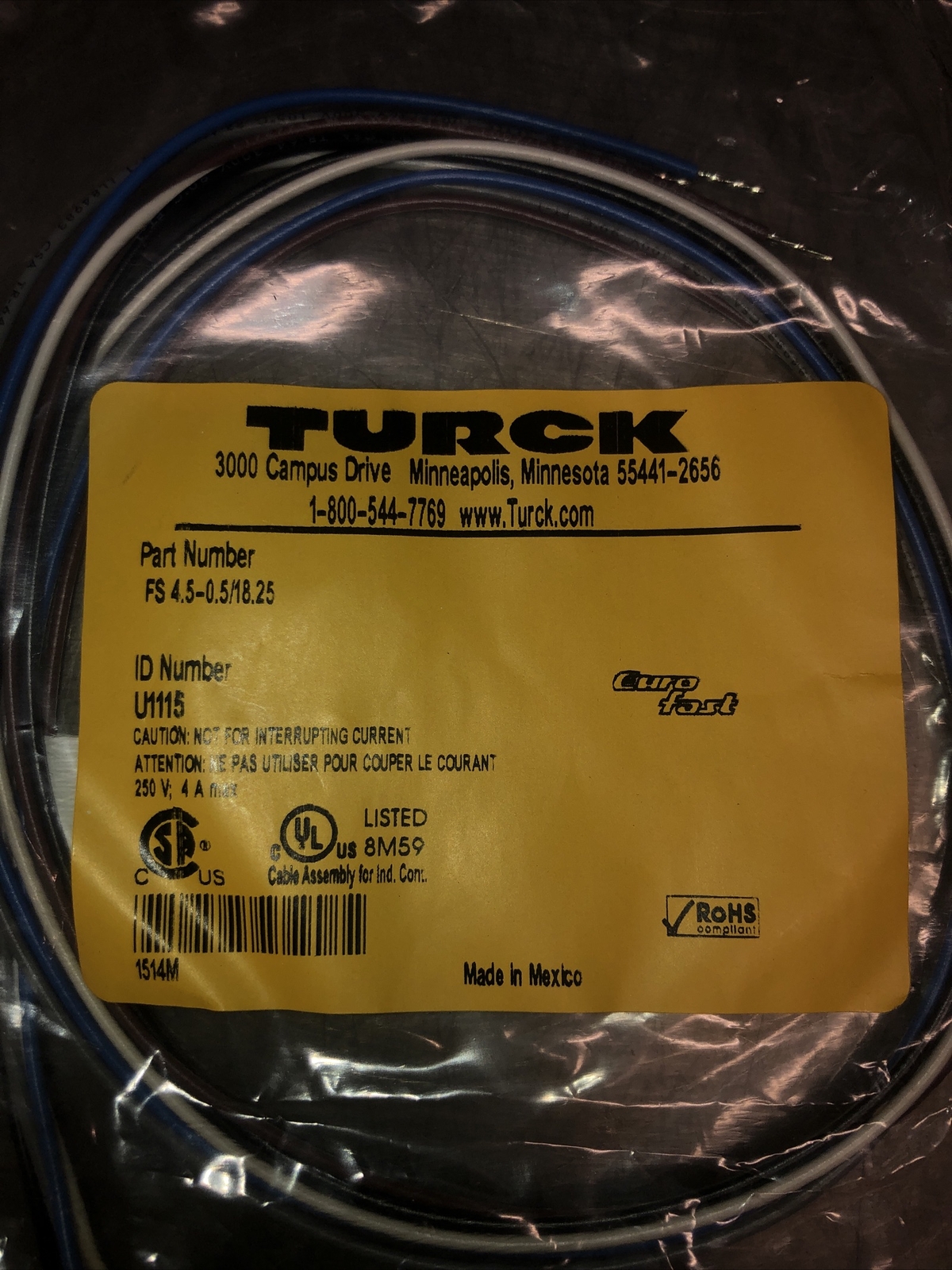 FS 4.5-0.5/18.25 TURCK Cordset Nos Surplus